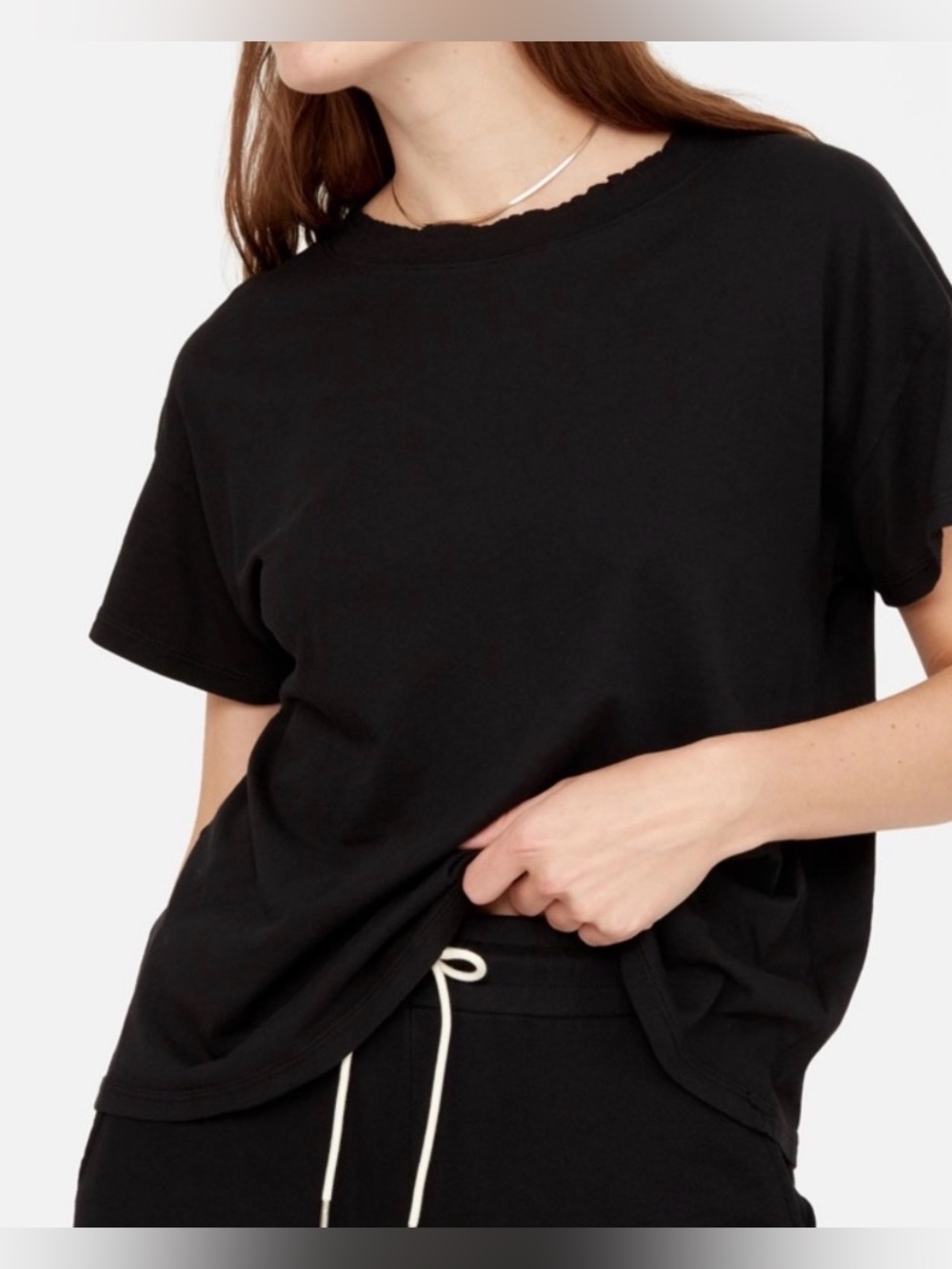 Mate the Label Organic Cotton Raw Neck Boxy Tee in Black. Size Medium